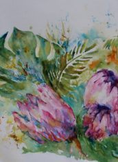 Terri Gordon, "Protea Fly By" Terri Gordon, "Protea Fly By" Watercolor, 15X22, $825